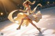 A woman in a white dress skating on an ice rink.