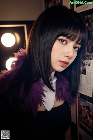 A woman with long black hair wearing a purple fur collar.